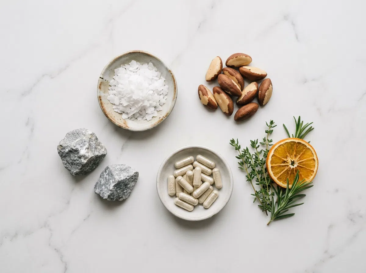Naturliga ingredienser - zink, magnesium, vitamin C, selen på marmorbord